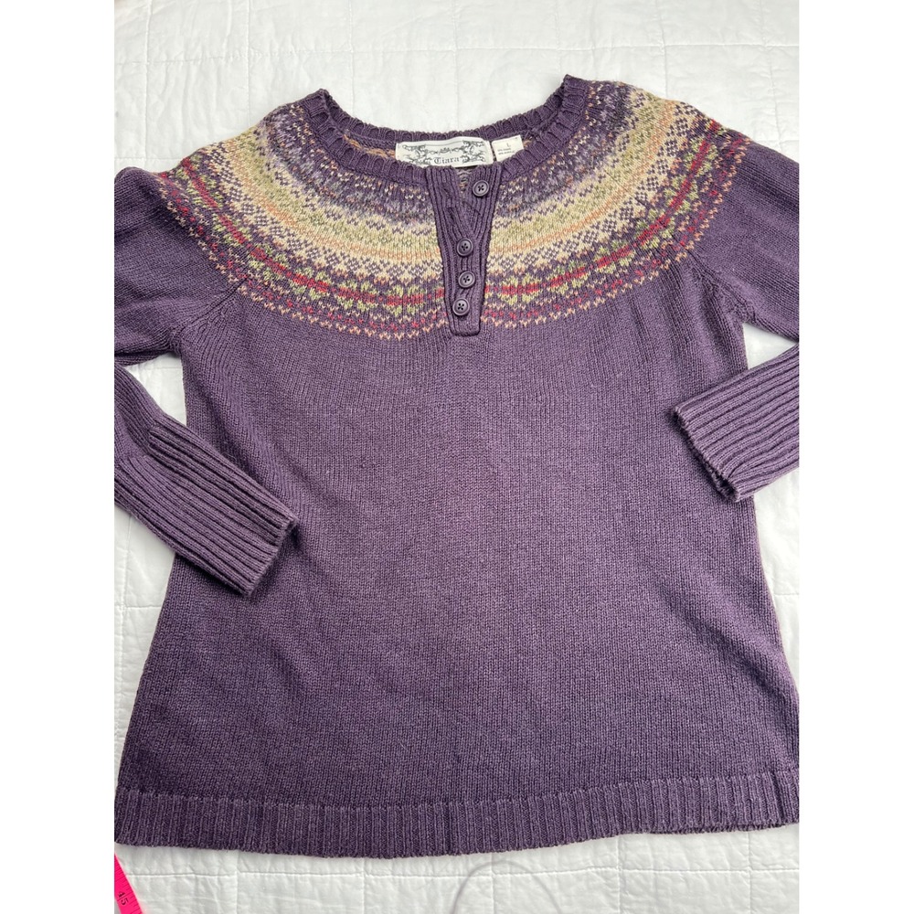 VTG Tiara Fair Isle Knit Henley Sweater Purple Multi Color Size L‎